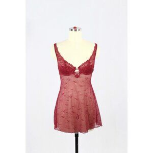 Vintage SILK & SATIN Maroon Red Mesh Lace Babydoll Negligee Slip Dress, Size S